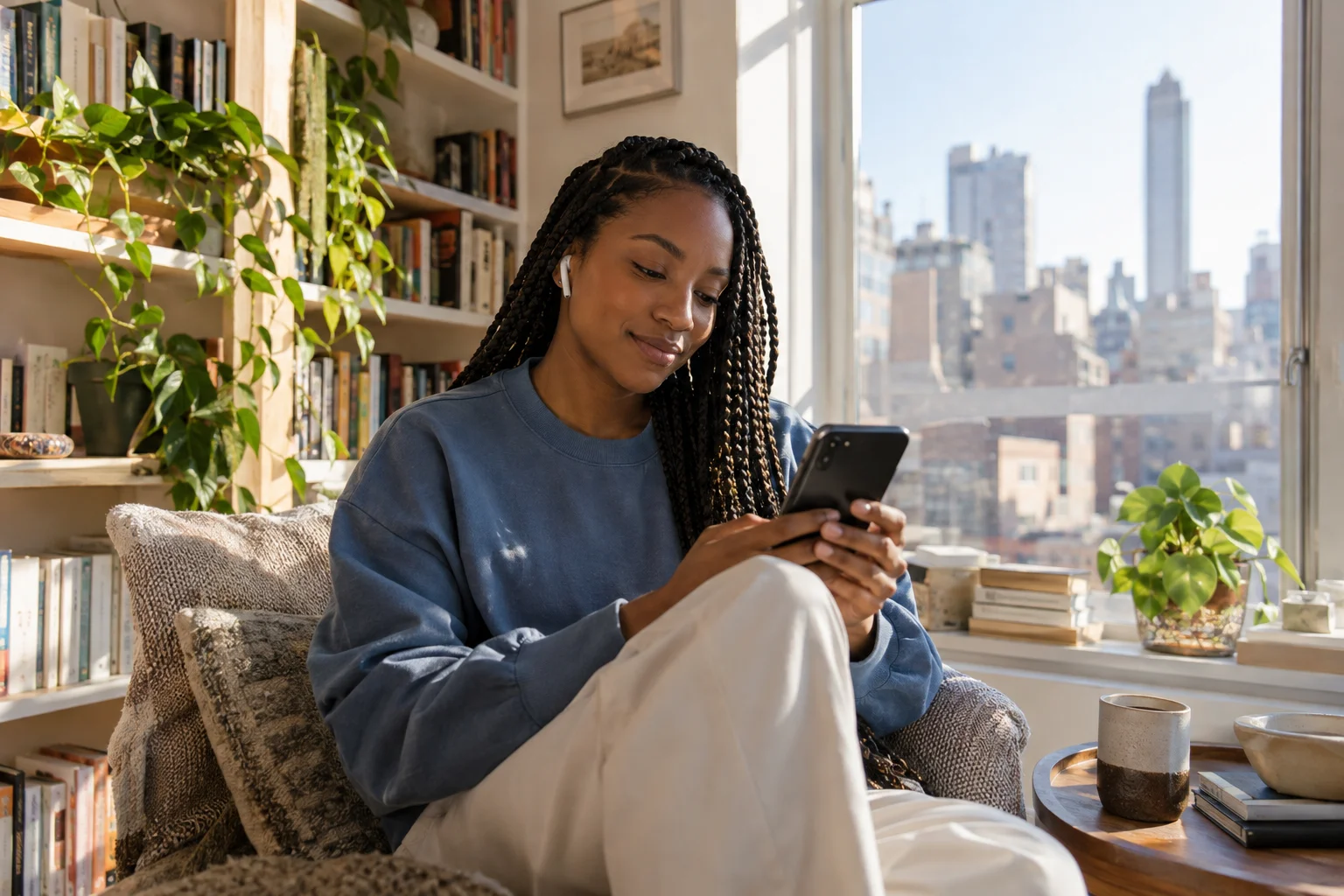 A woman wearing earbuds using her smartphone in a sunny apartment