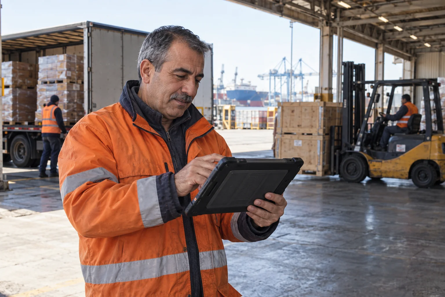A man in an orange safety jacket using a rugged black tablet in a warehouse