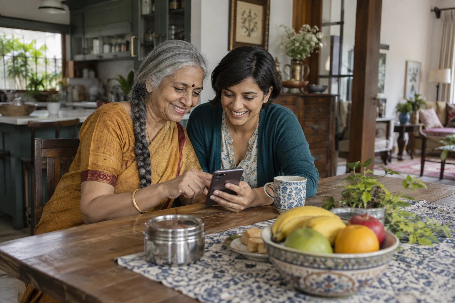 A mother and her adult daughter looking at a phone together in a kitchen