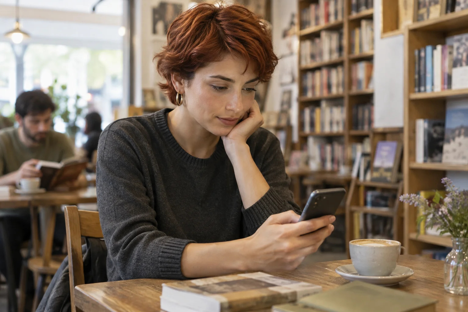 A woman looking at her smartphone beside a cup of coffee in a bookstore café