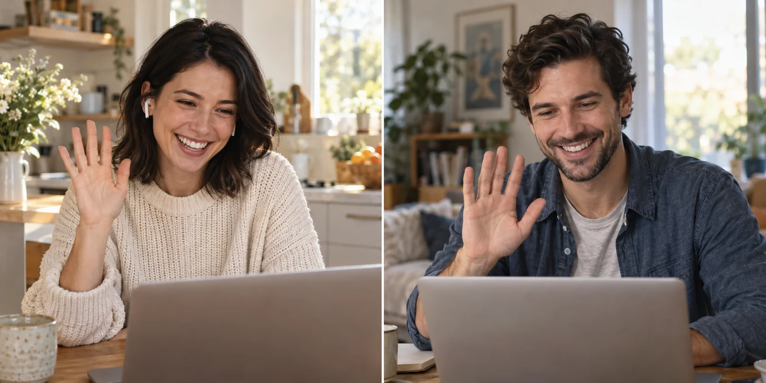 Two people greeting each other on laptops from their homes