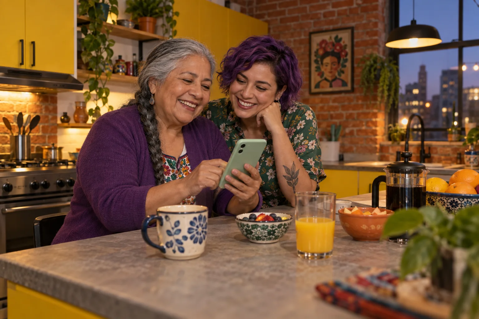 A mother with a grey braid and purple cardigan and her violet-haired adult daughter looking at a mint smartphone in a brick kitchen with yellow cabinets