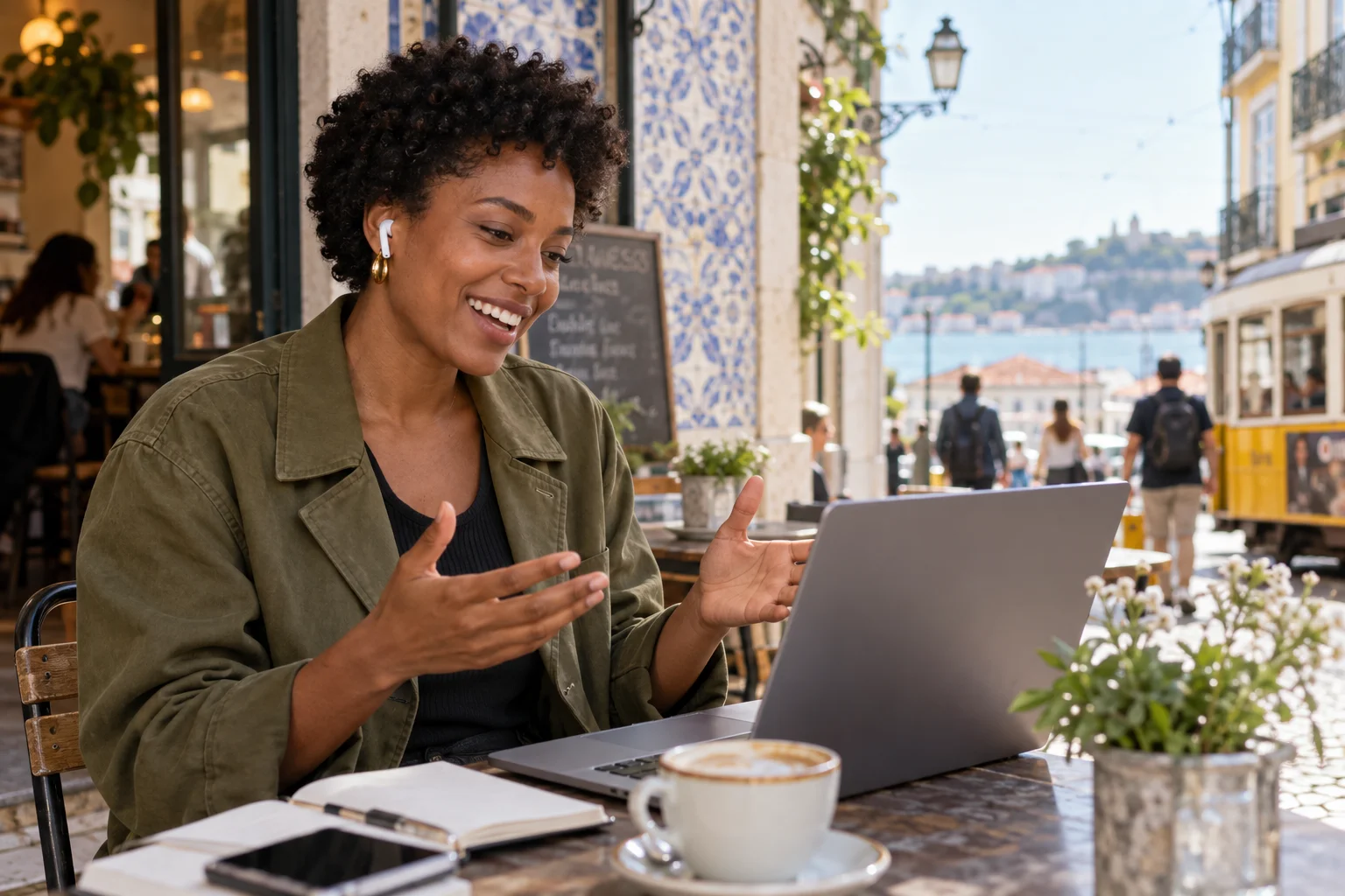 A Black woman wearing earbuds using a laptop at an outdoor café in Lisbon