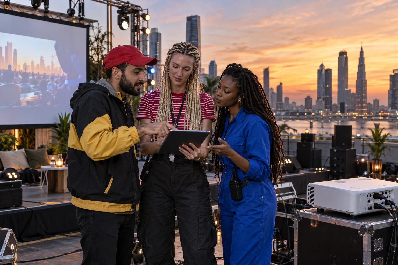 Three event producers reviewing a tablet on a rooftop, wearing a red cap, a red striped shirt and a bright blue jumpsuit