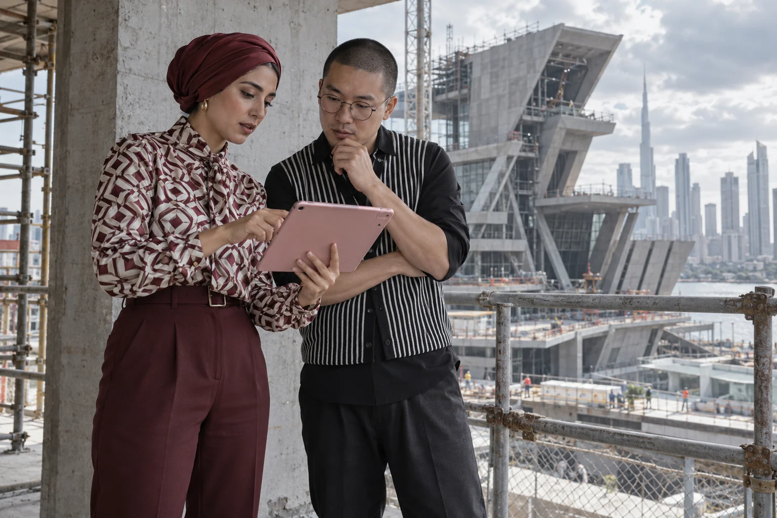 Two architects reviewing a pink tablet on a construction terrace, one wearing a maroon headwrap and the other a striped vest