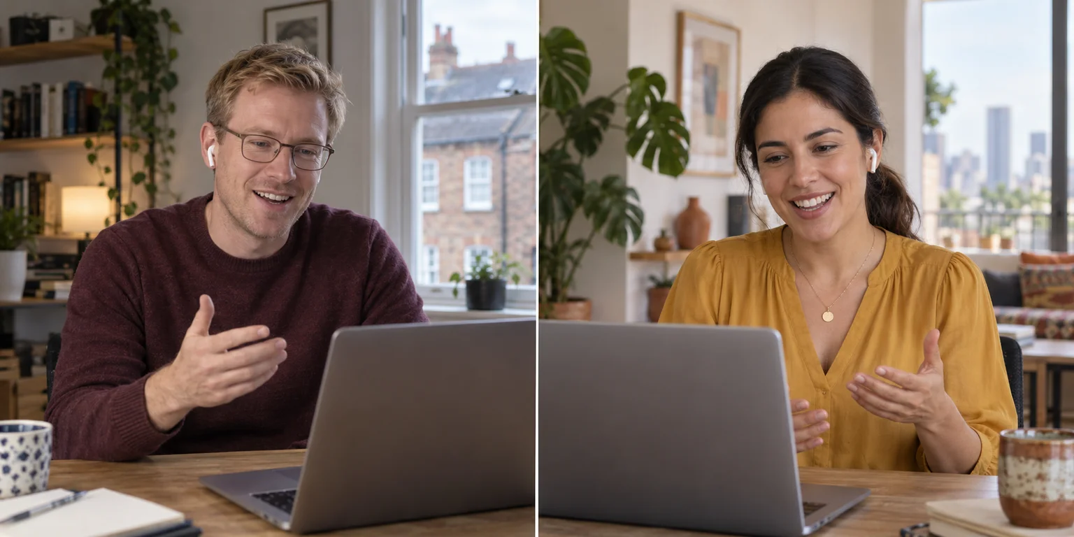 Two people talking on laptops from their separate homes