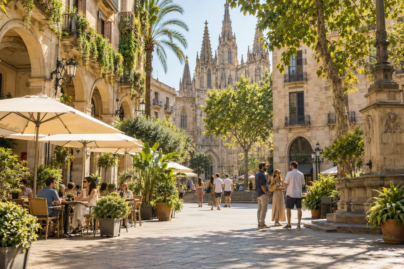 People walking through a sunlit Barcelona plaza near the Sagrada Família