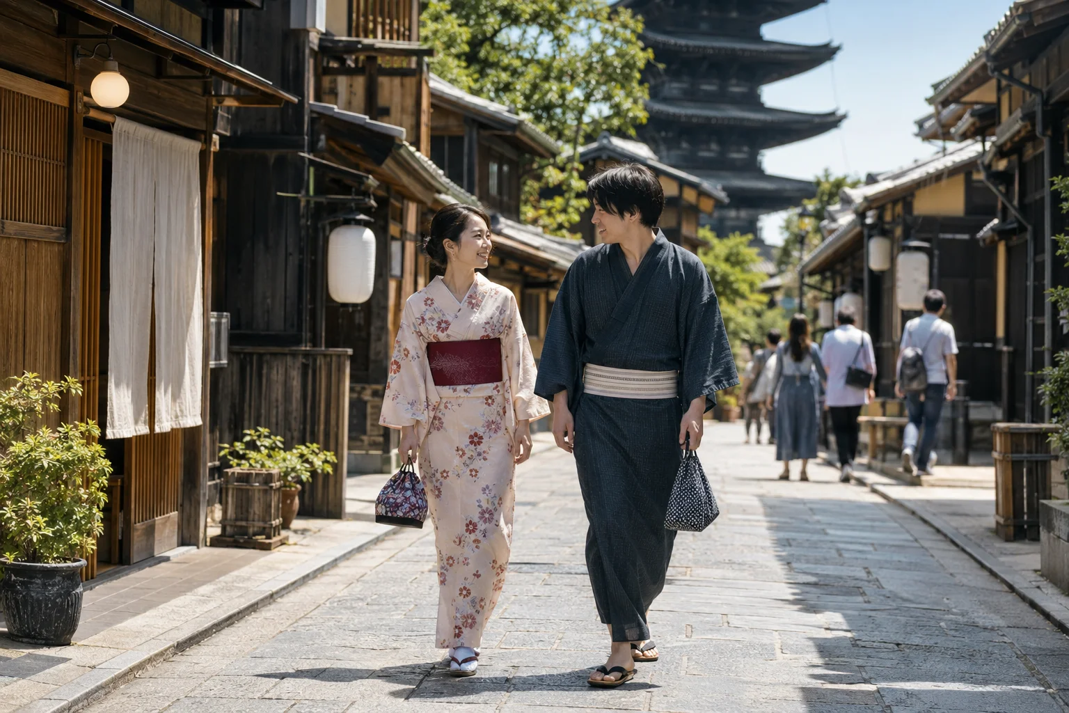 Two people in traditional Japanese clothing walking along a street lined with wooden buildings
