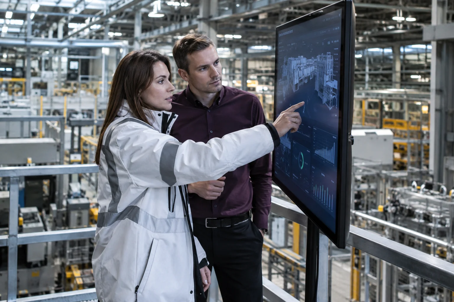Due ingegneri che rivedono un disegno su un touchscreen verticale autonomo in una fabbrica