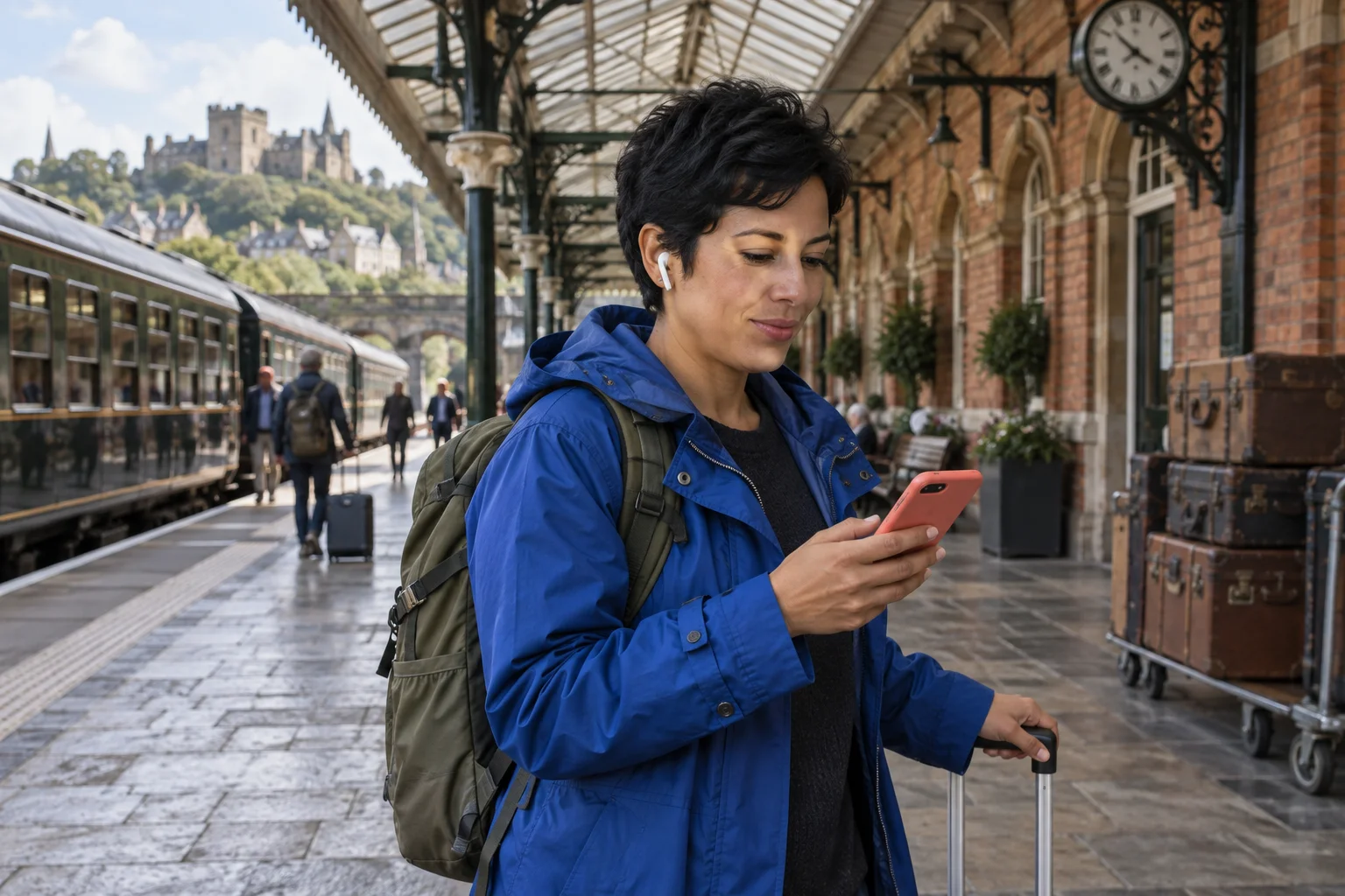 A woman in a blue coat using a coral smartphone on a railway station platform