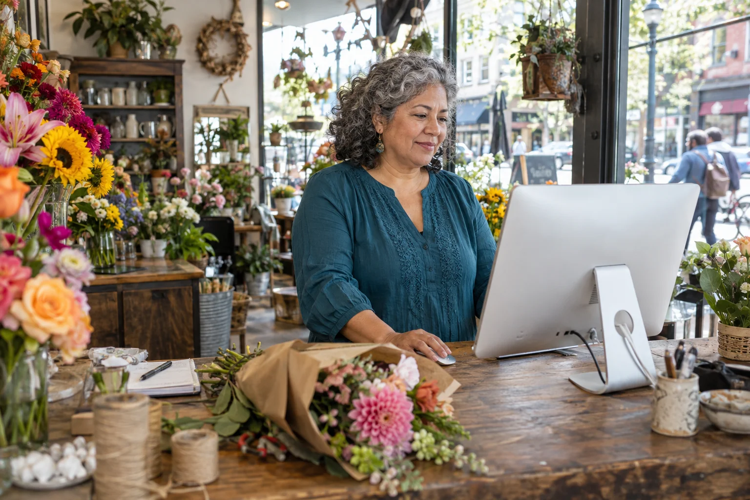 A flower-shop owner using a white all-in-one desktop computer surrounded by flowers