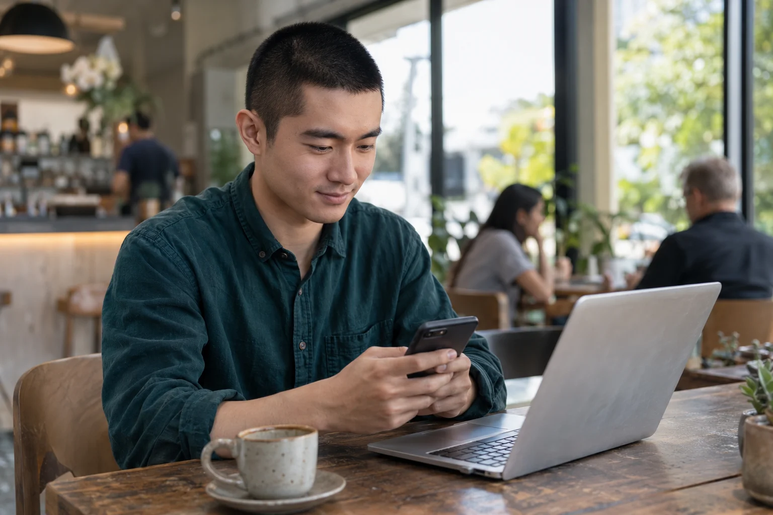 A man looking at a smartphone beside an open laptop at a café table