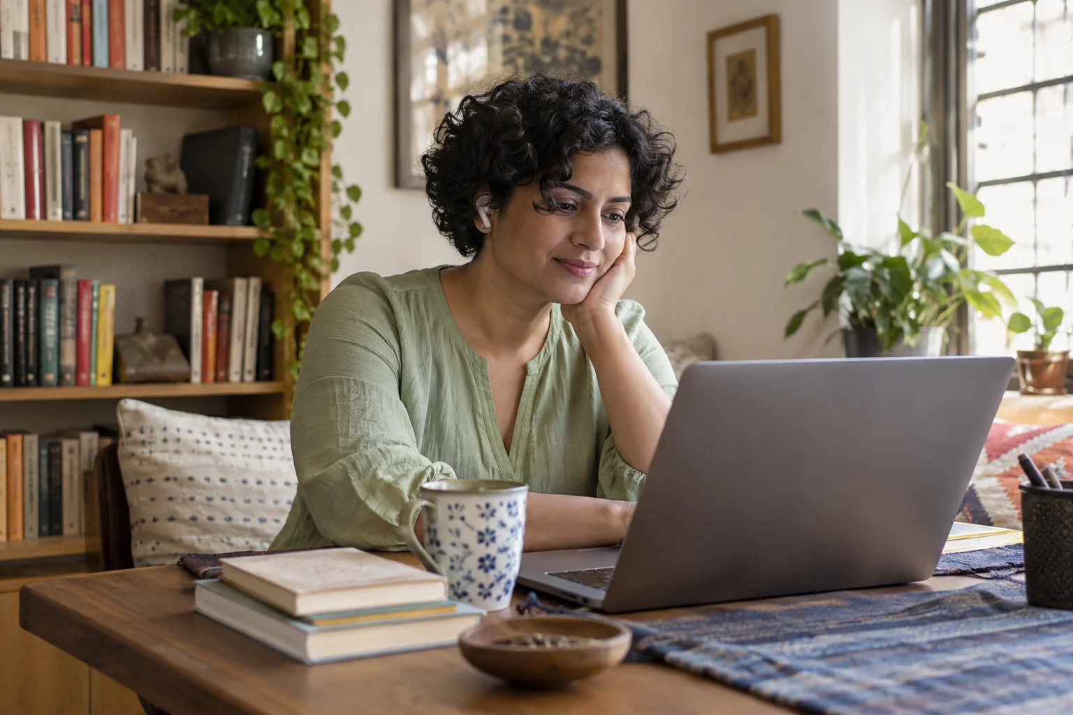 A woman using a laptop at a desk beside bookshelves