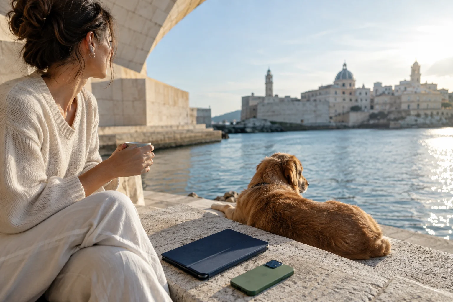 A closed navy tablet folio and green smartphone on an outdoor stone bench beside a woman and her dog
