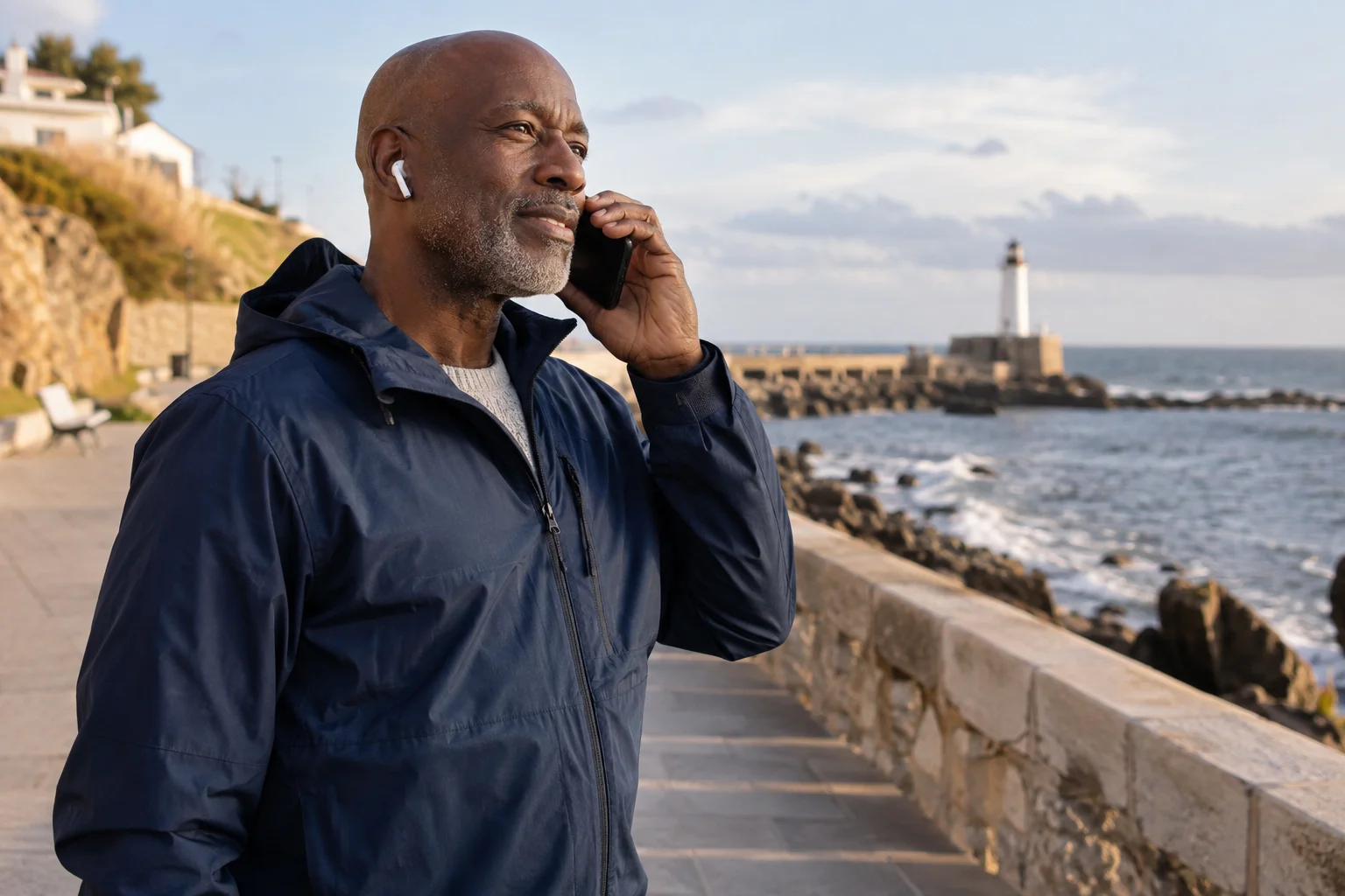 A man wearing earbuds talking on a smartphone on a coastal promenade
