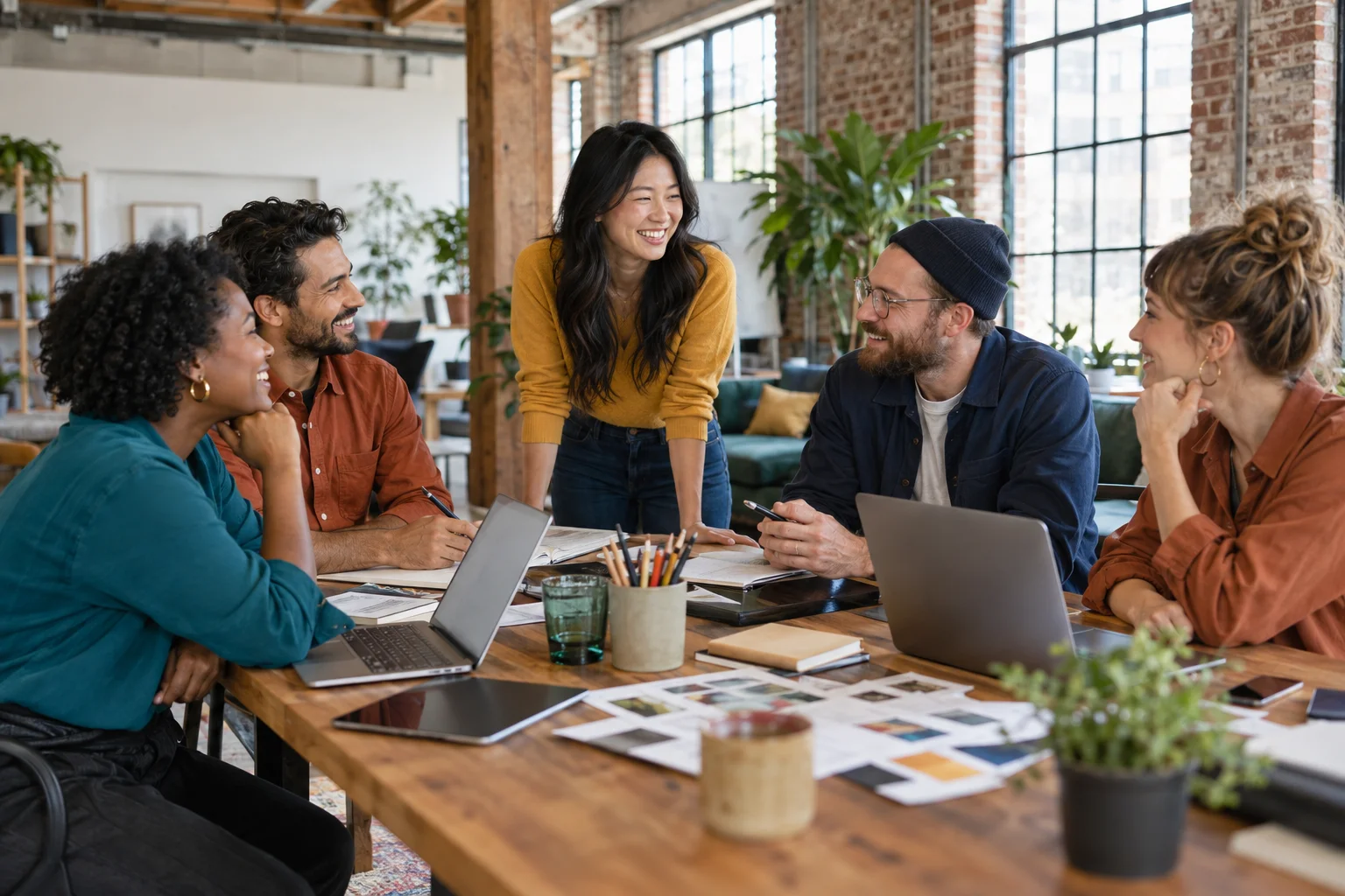 Five coworkers discussing their work around a laptop in a shared workspace