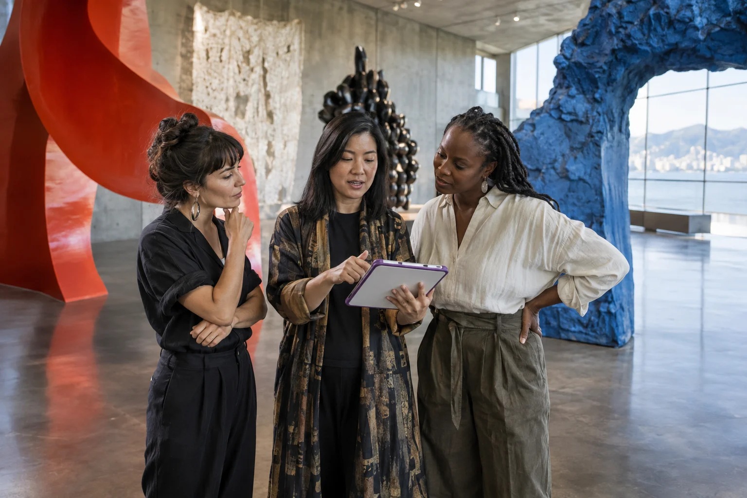 Three exhibition designers reviewing a purple-cased tablet among sculptures in a gallery