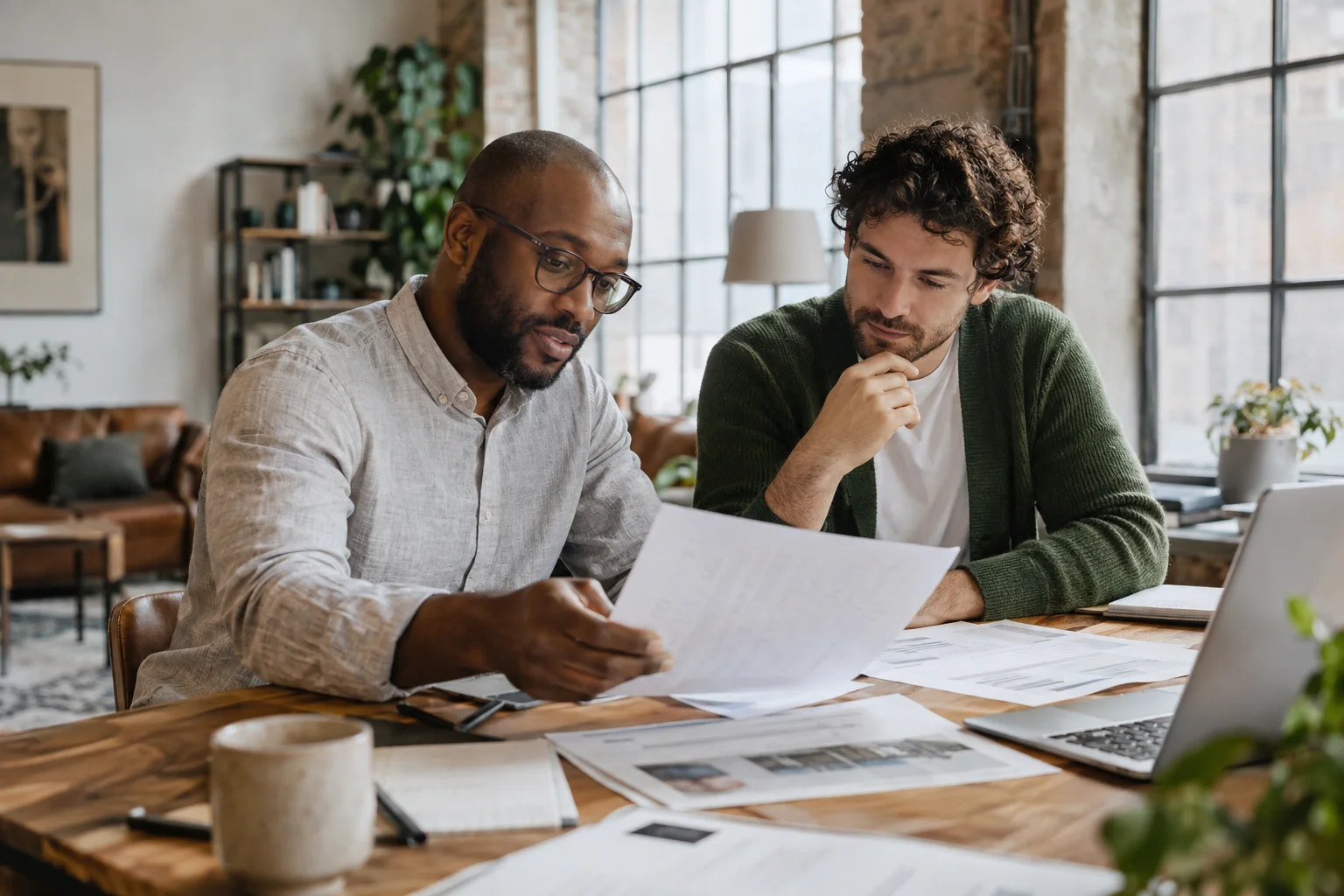 Two colleagues reviewing printed documents at a shared desk