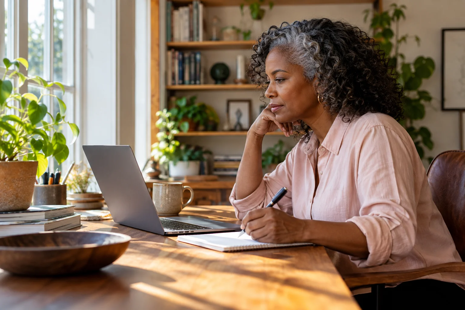 A woman reviewing her laptop with notes at a home desk