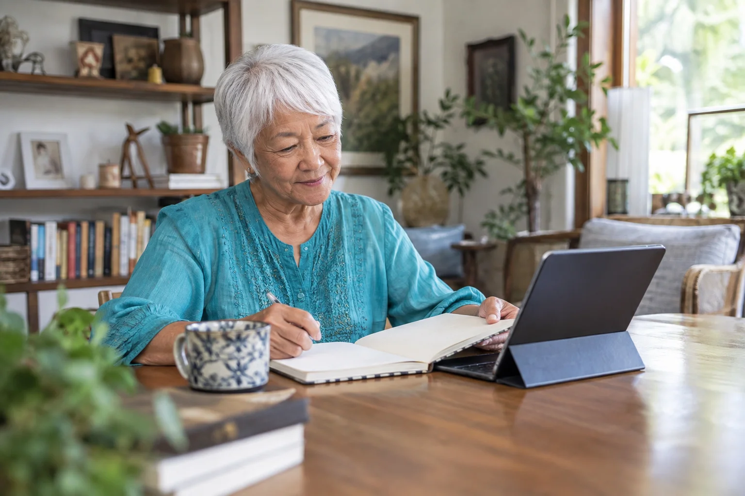 An older woman reviewing a notebook beside a tablet in a blue folio case