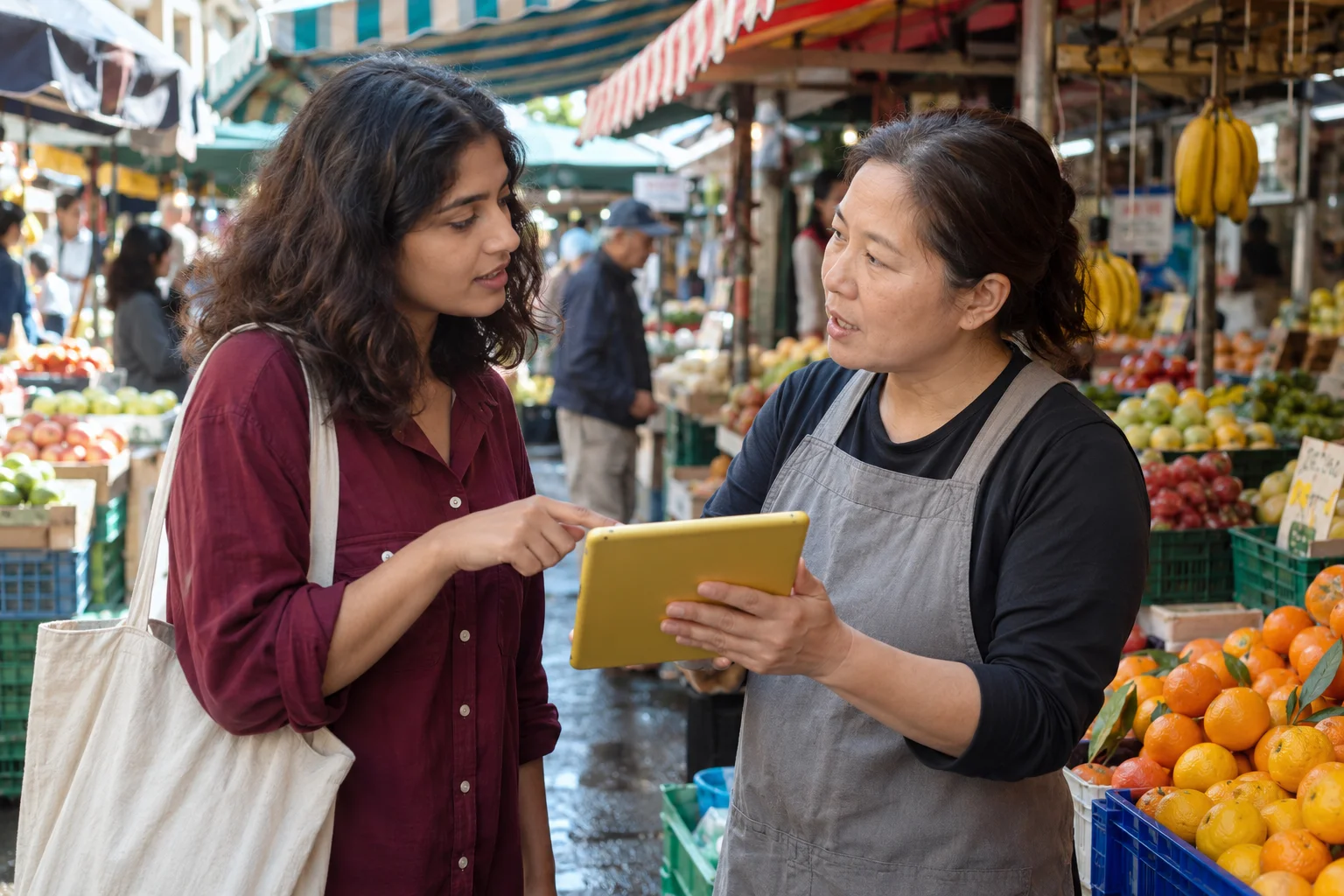 Two women using a yellow tablet together at an outdoor produce market