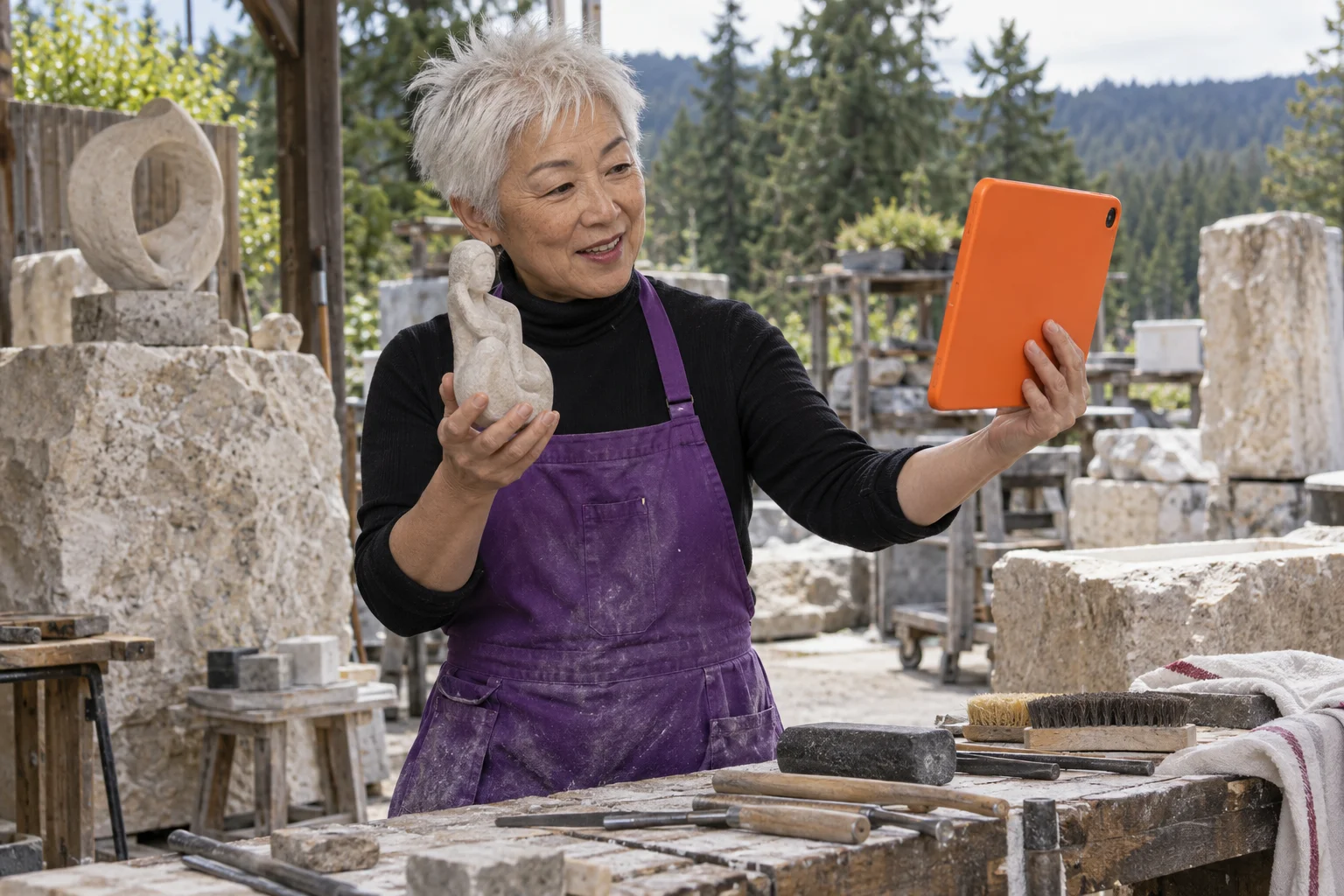 An older sculptor with spiky white hair and a purple apron holding a stone sculpture and an orange tablet in an outdoor workshop