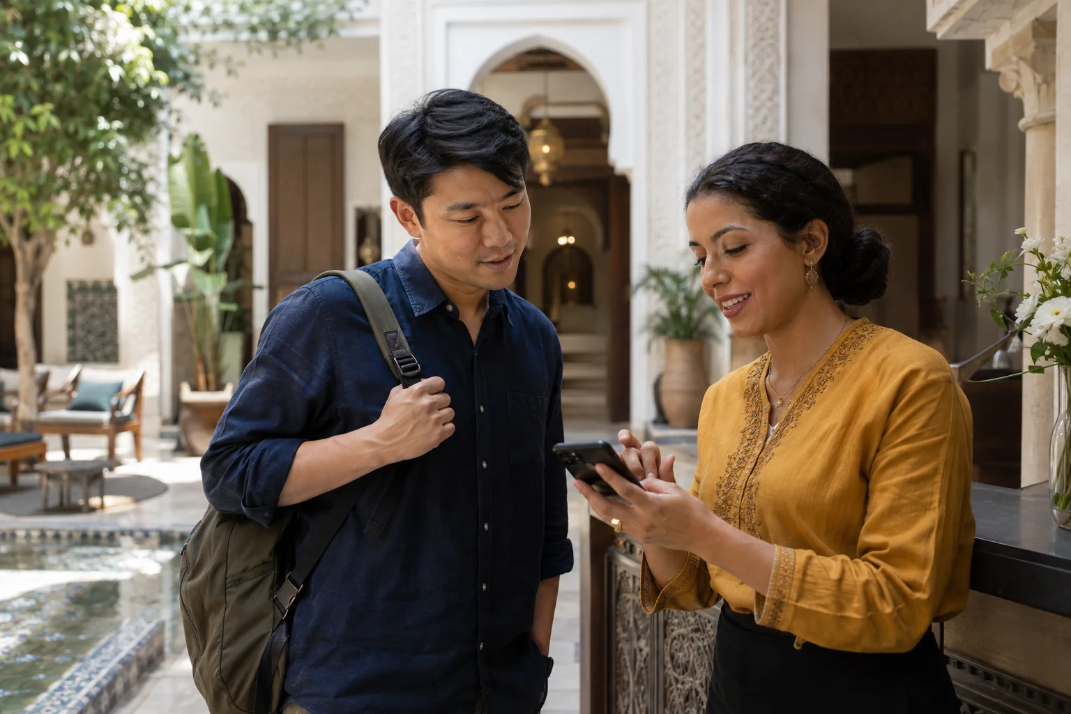 A traveller and another person looking at a smartphone outside a building