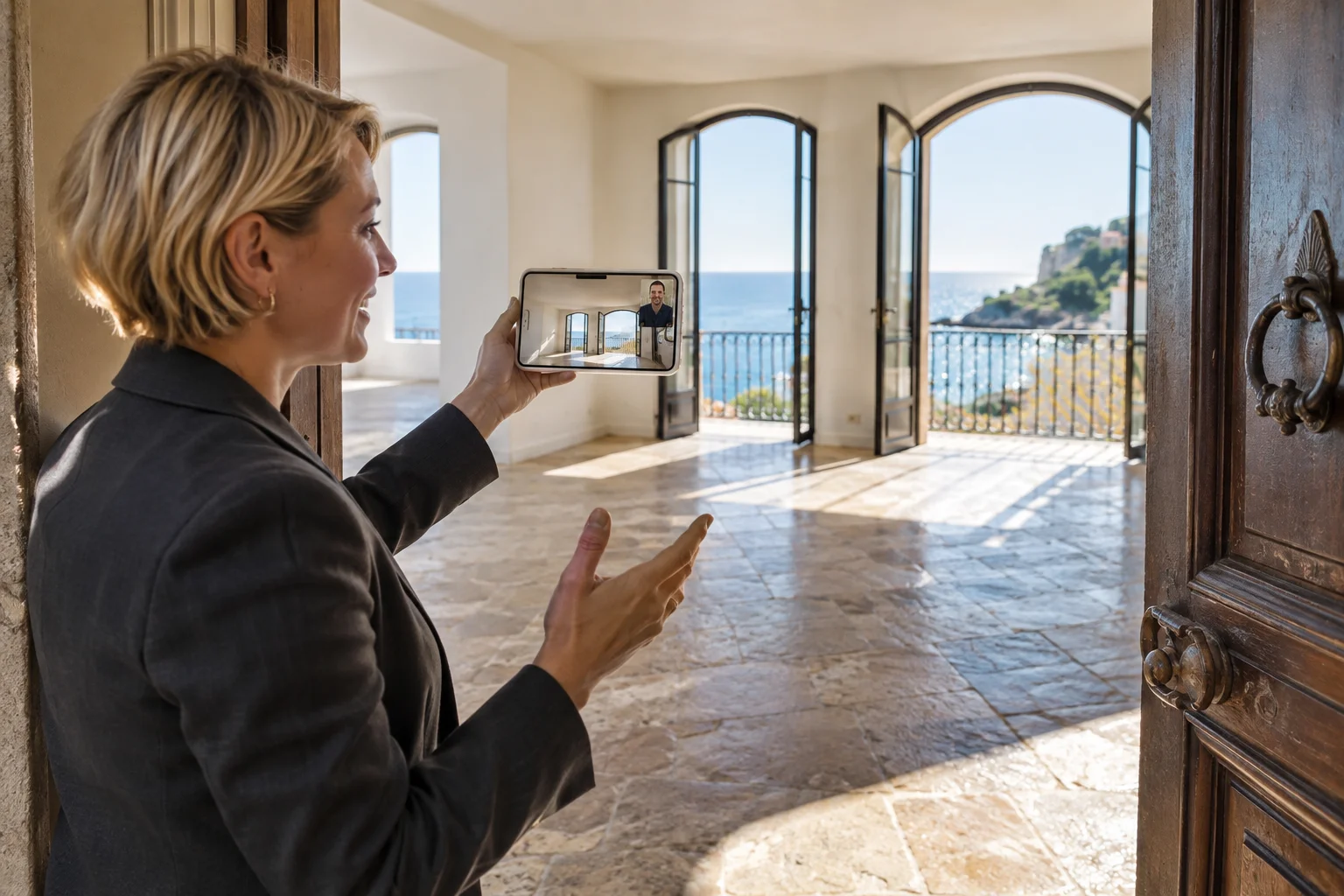 An estate agent holding a smartphone during a video call in an empty apartment overlooking the sea