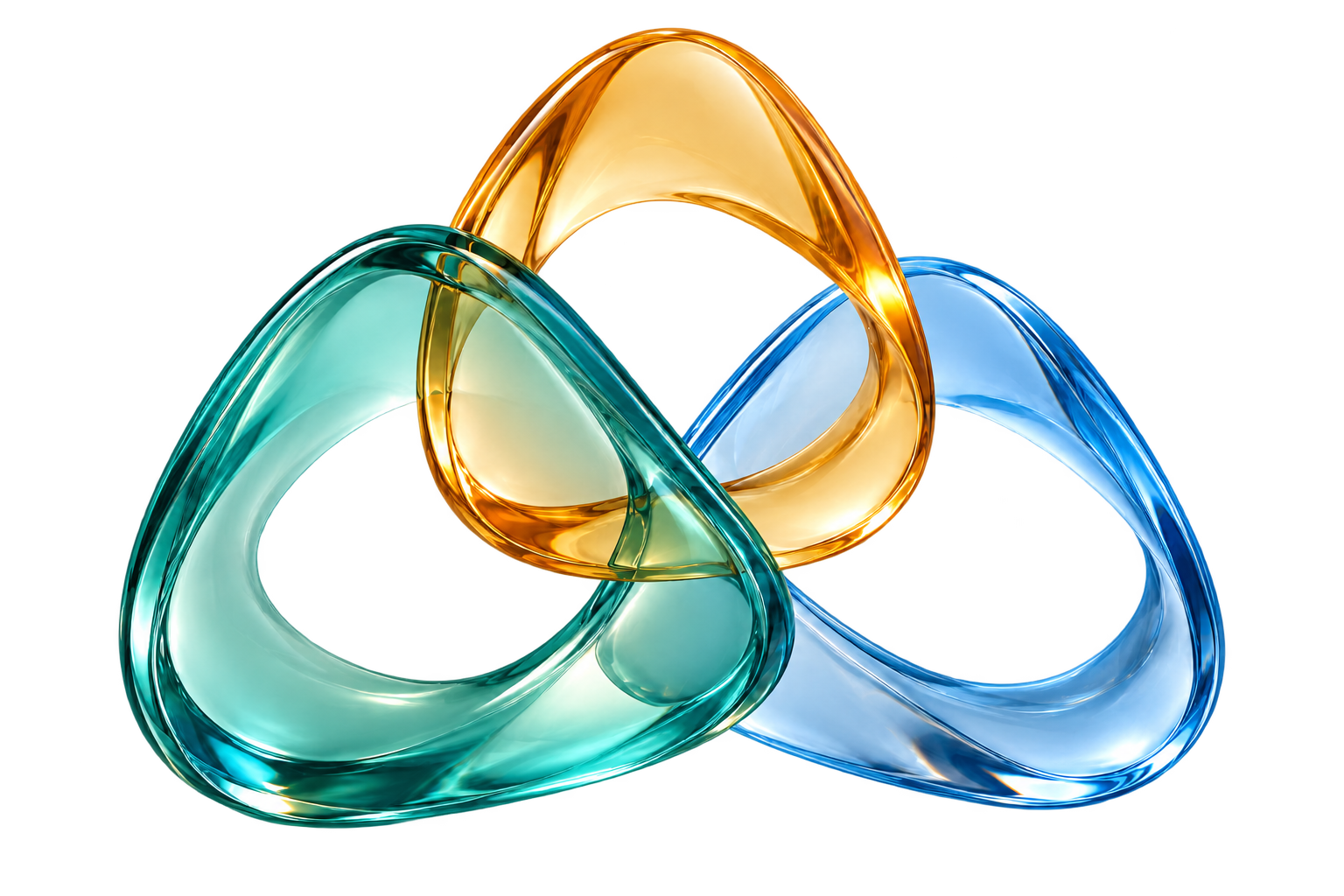 Interconnected sculptural glass forms in teal, amber and blue