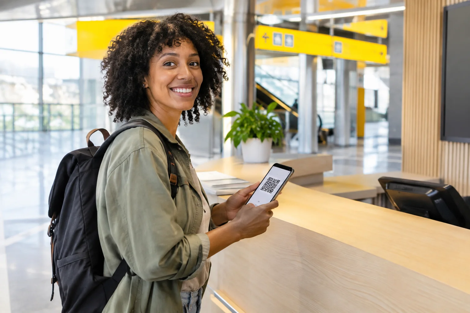 Traveler using her phone at an airport service counter.