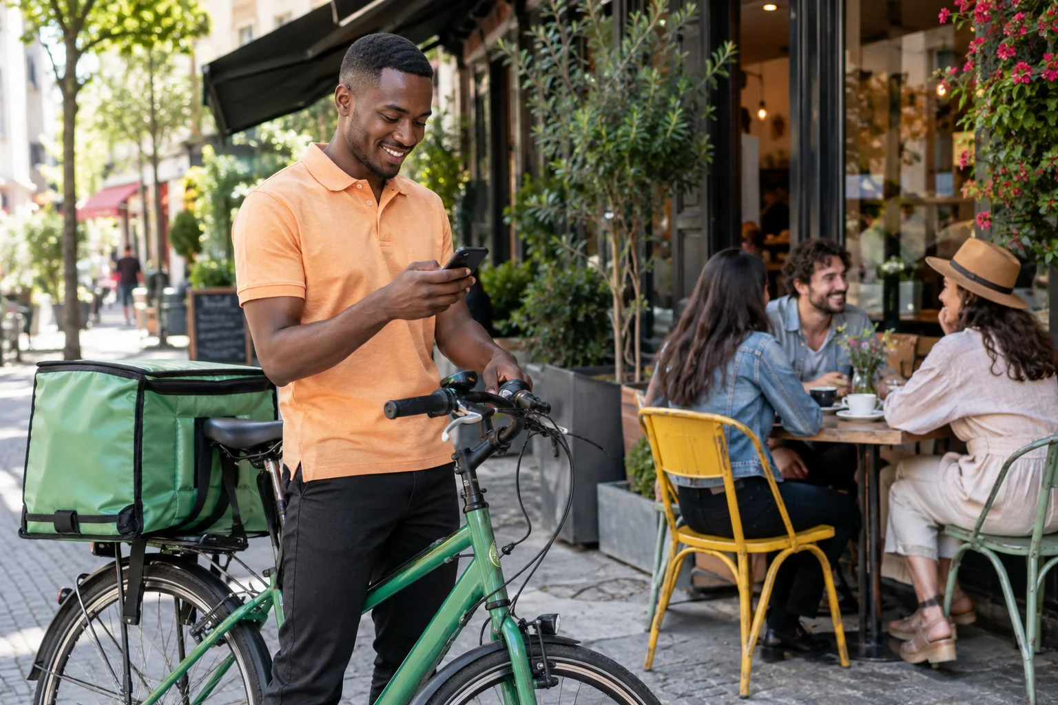 Cyclist checking a message outside a café.