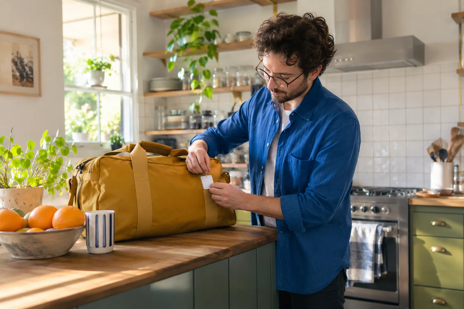 Man attaching a contact label to his bag at home.
