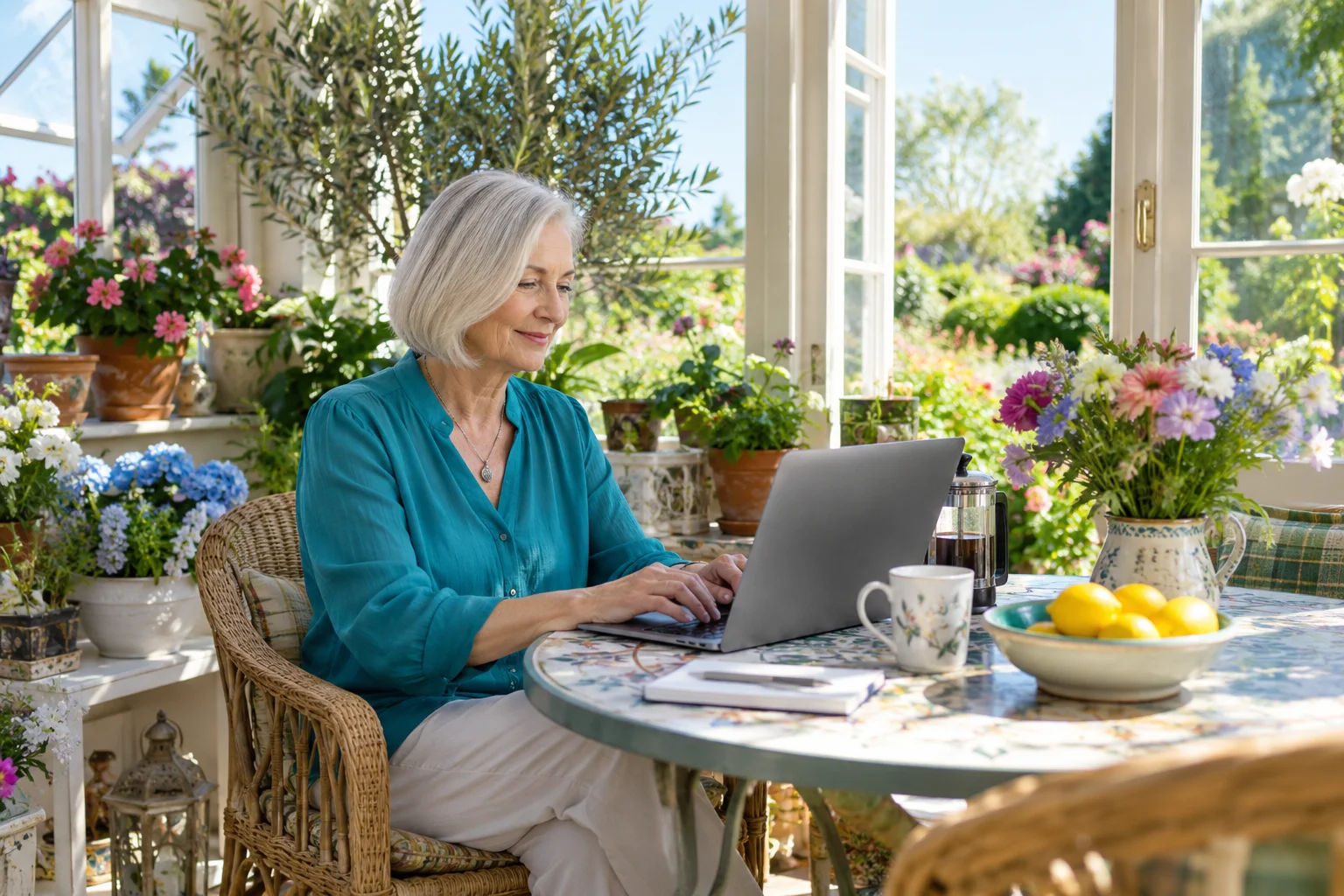 Woman checking messages on a laptop in a garden.
