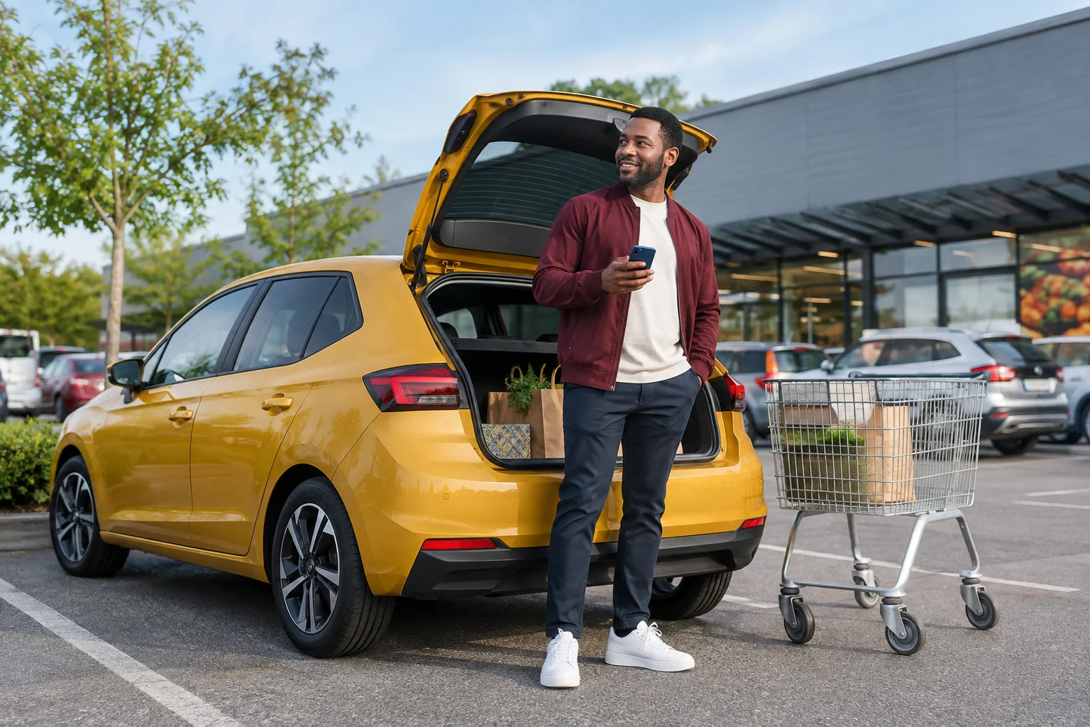 Man reading his phone beside a car in a supermarket car park.