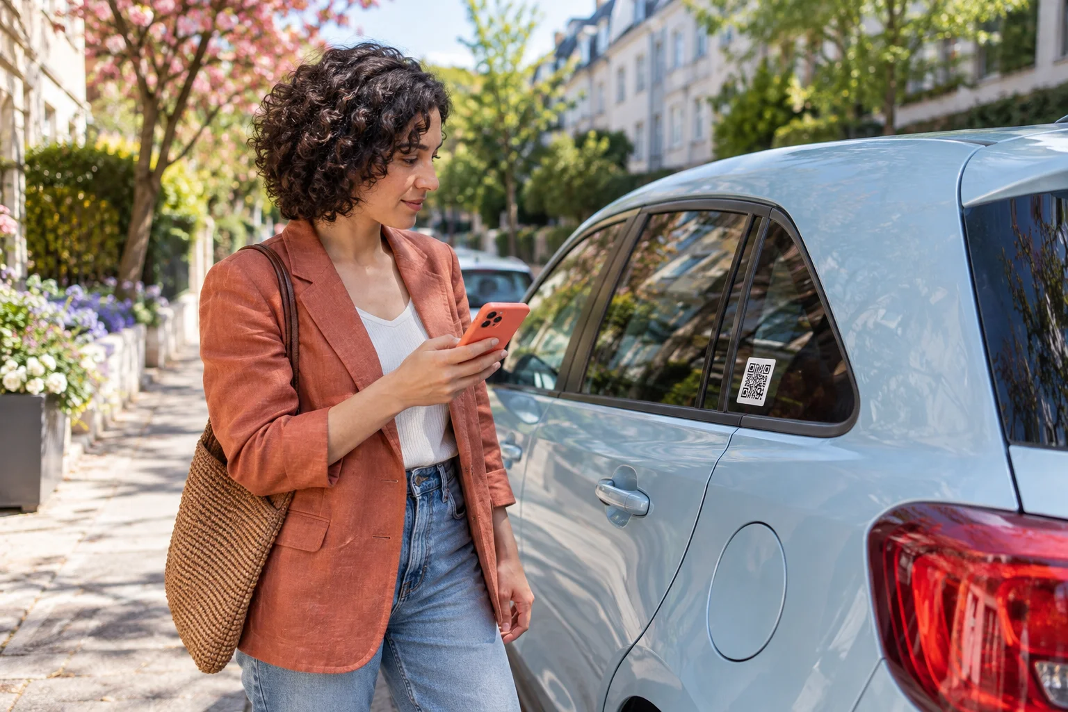 Woman checking her phone beside a QR-labelled parked car.