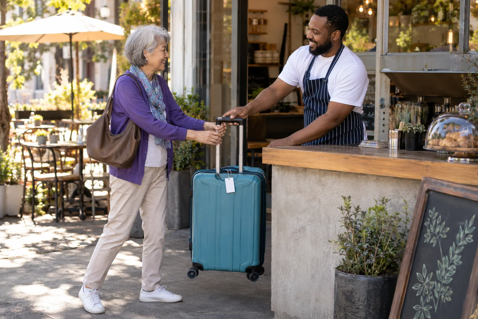 Traveler collecting a returned suitcase at a café.