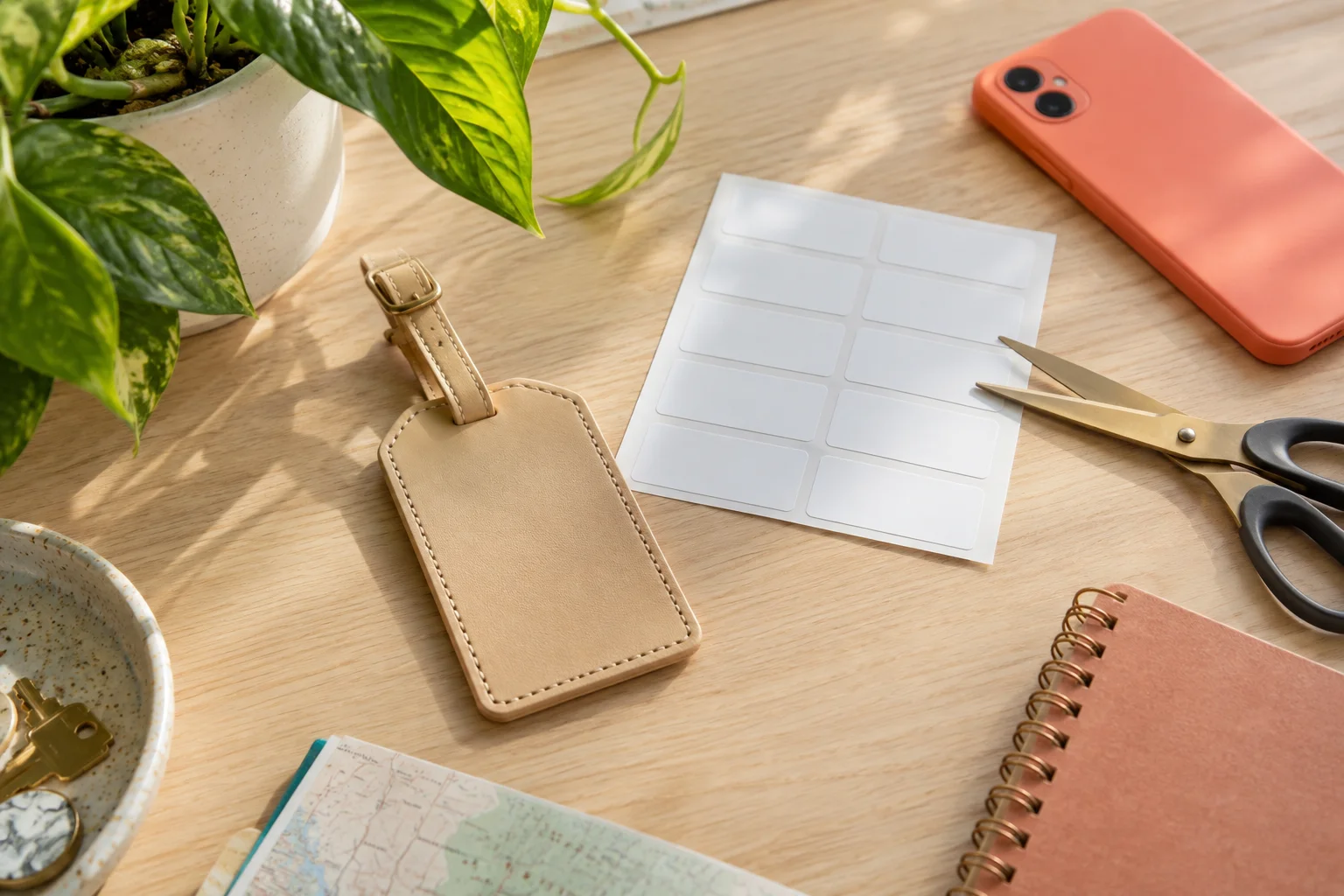 Luggage tag, printable labels and phone on a sunlit table.
