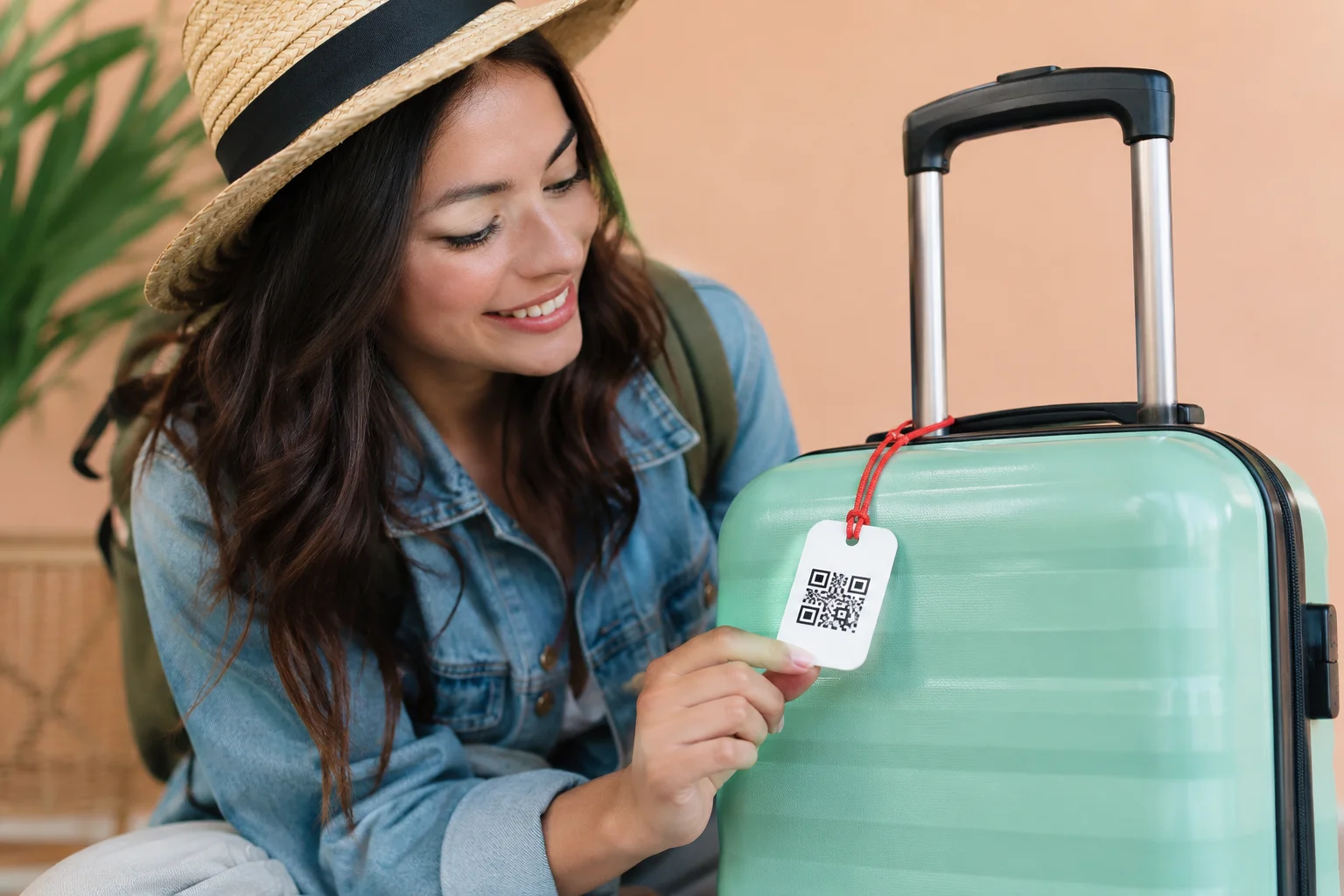Traveler examining a QR tag on her suitcase.