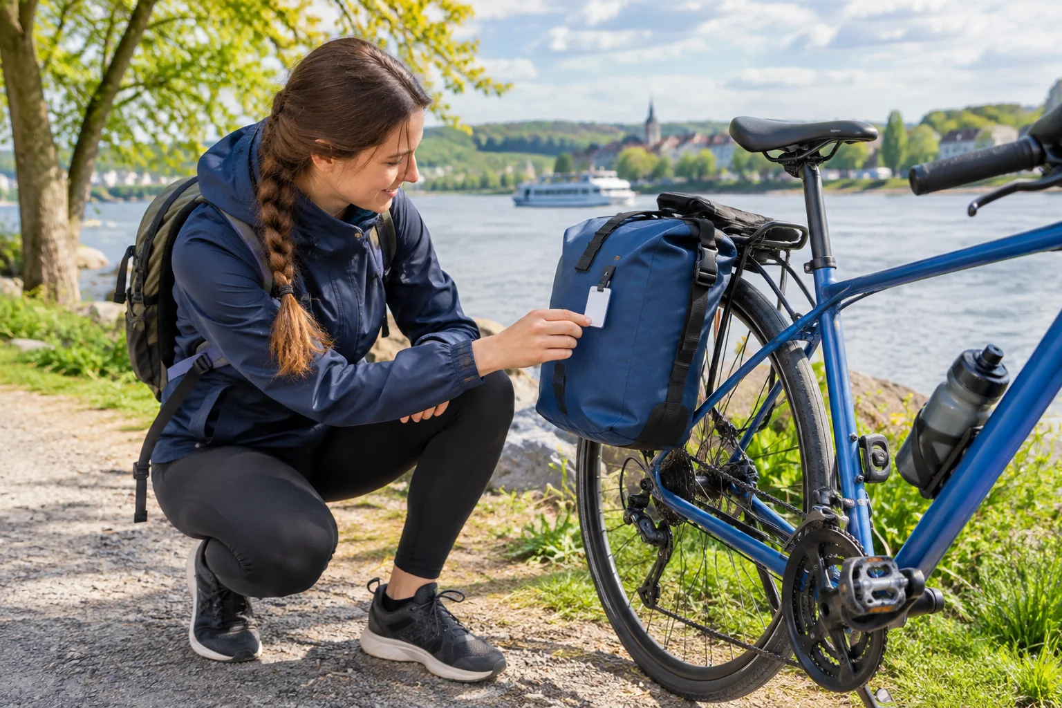 Cyclist checking a contact label on her pannier beside a lake.