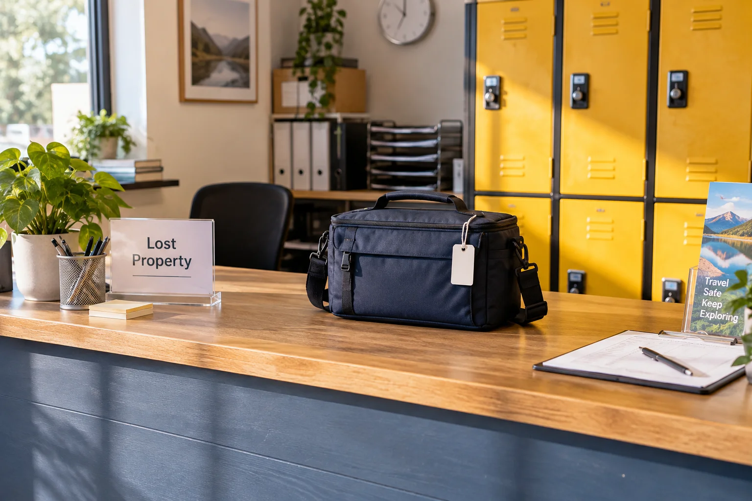 Labelled bag at a station lost-property desk.
