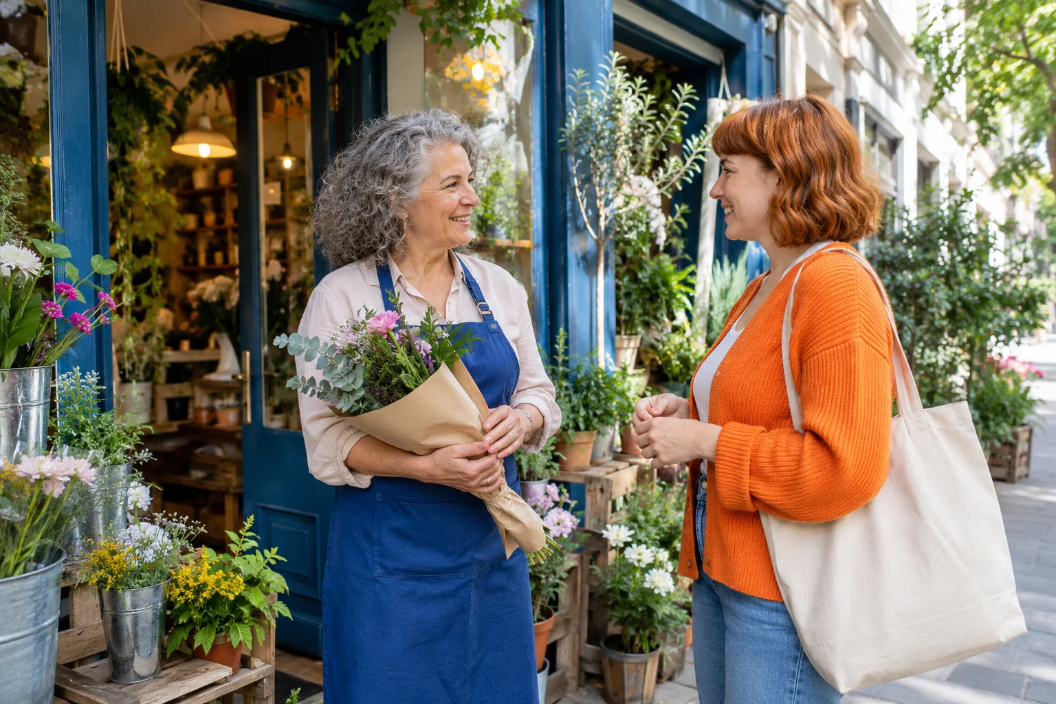 Shopkeeper and customer talking outside a flower shop.