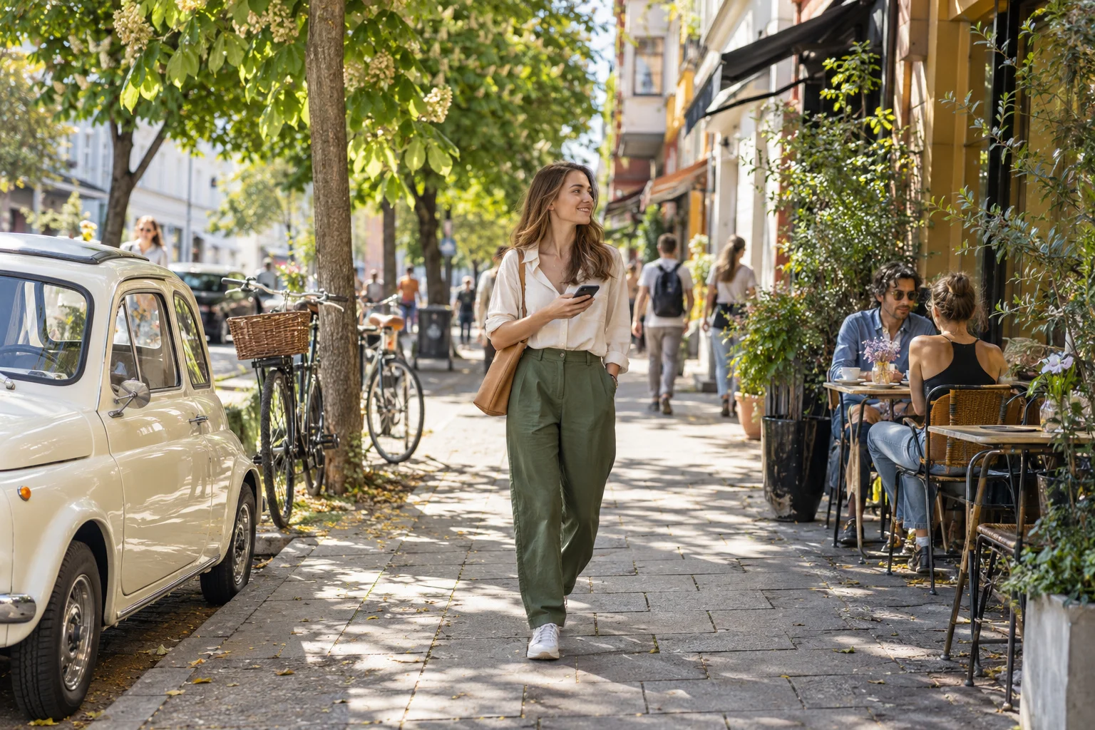 Woman walking with her phone on a residential street.