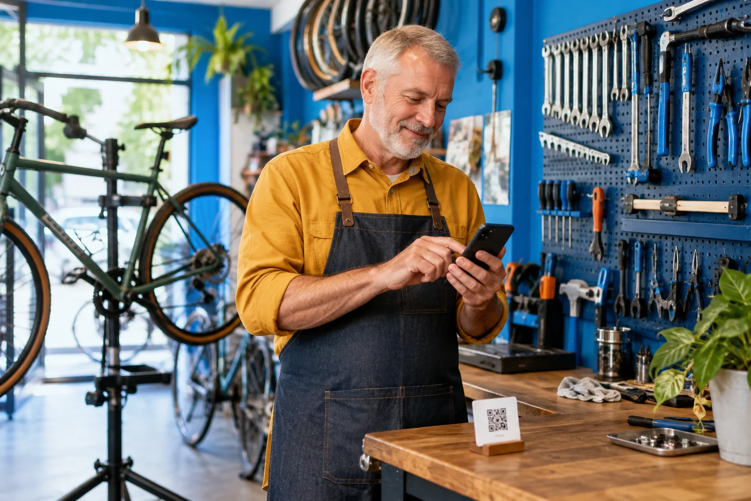 Bicycle mechanic responding to a message in his workshop.