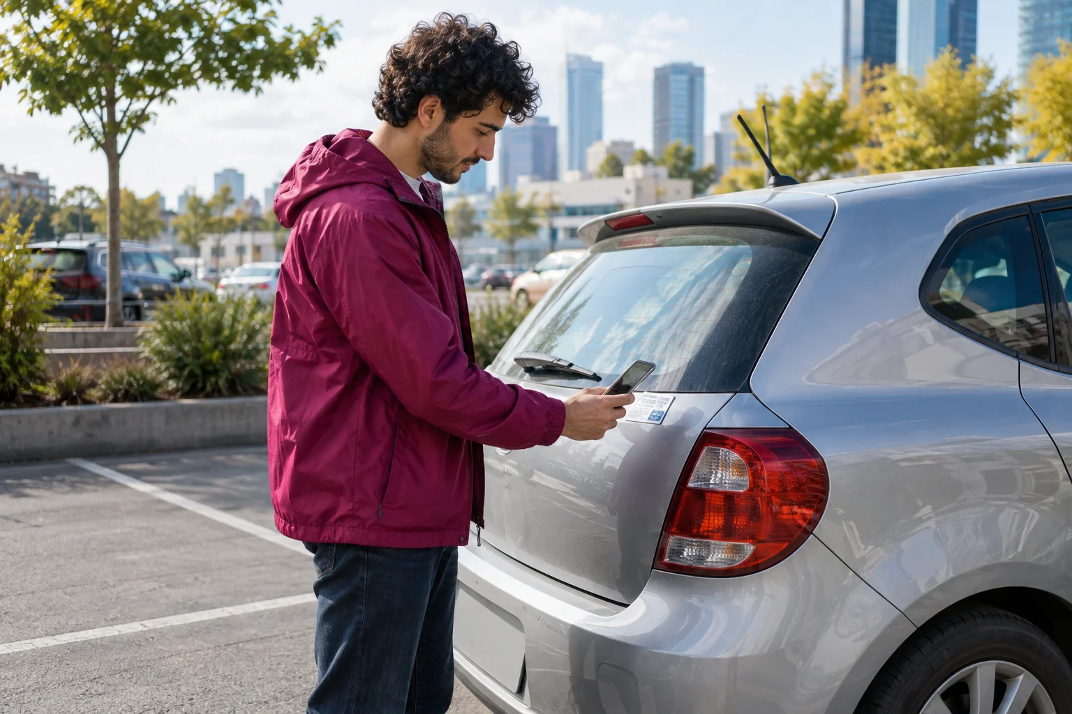 Man checking a contact label on a parked car.