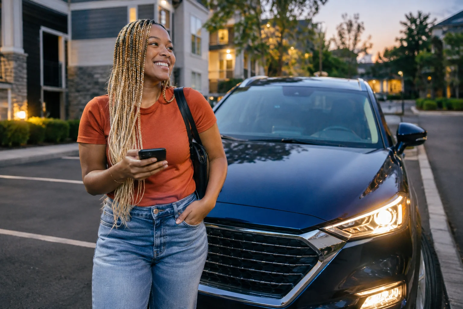 Woman reading a message beside a car at dusk.