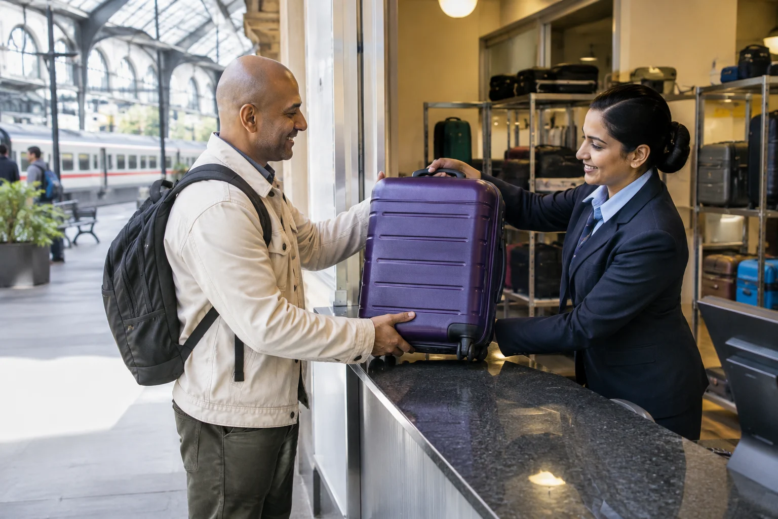 Viaggiatore che raccoglie una valigia ad un contatore della stazione.