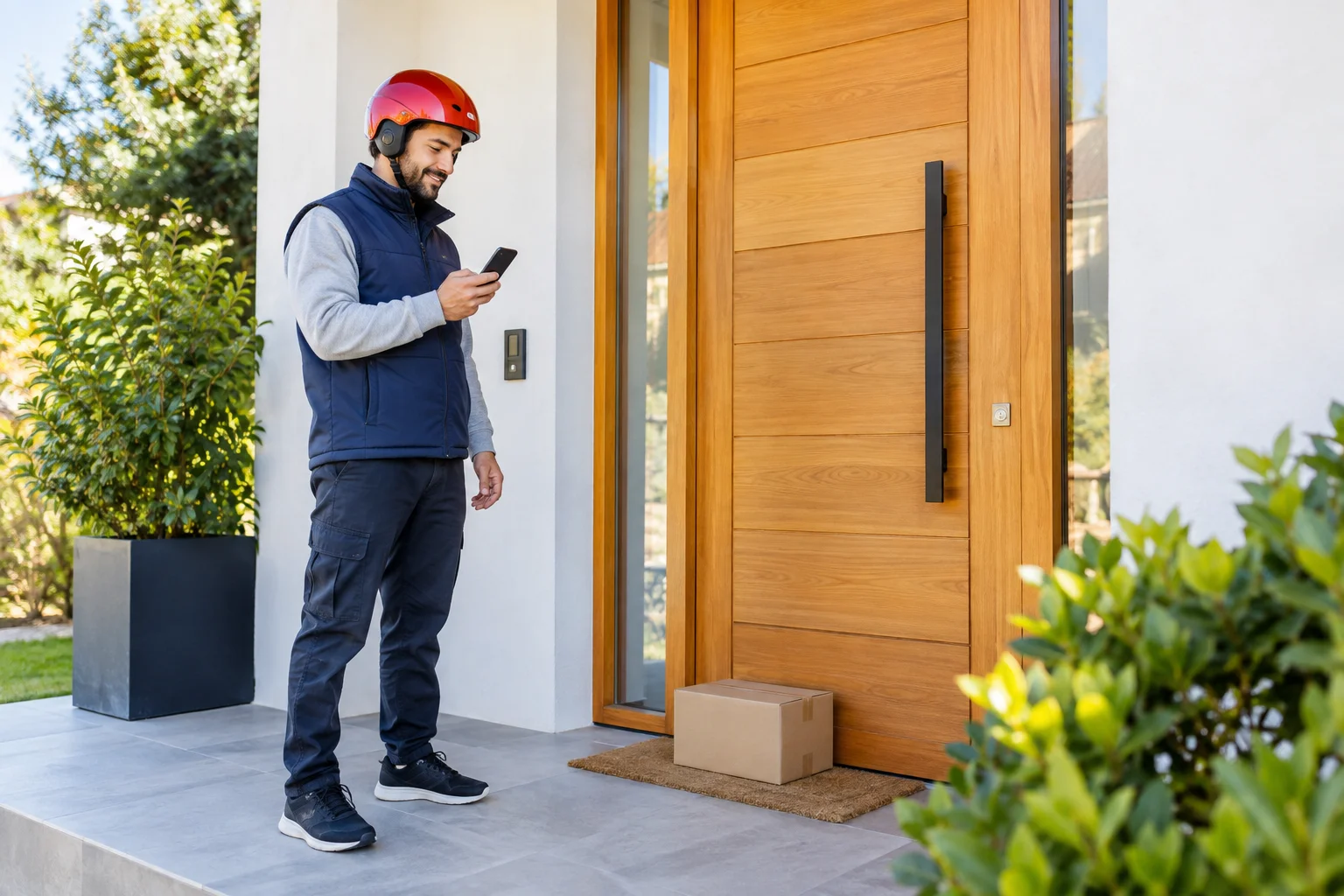 Delivery worker using his phone at a property entrance.