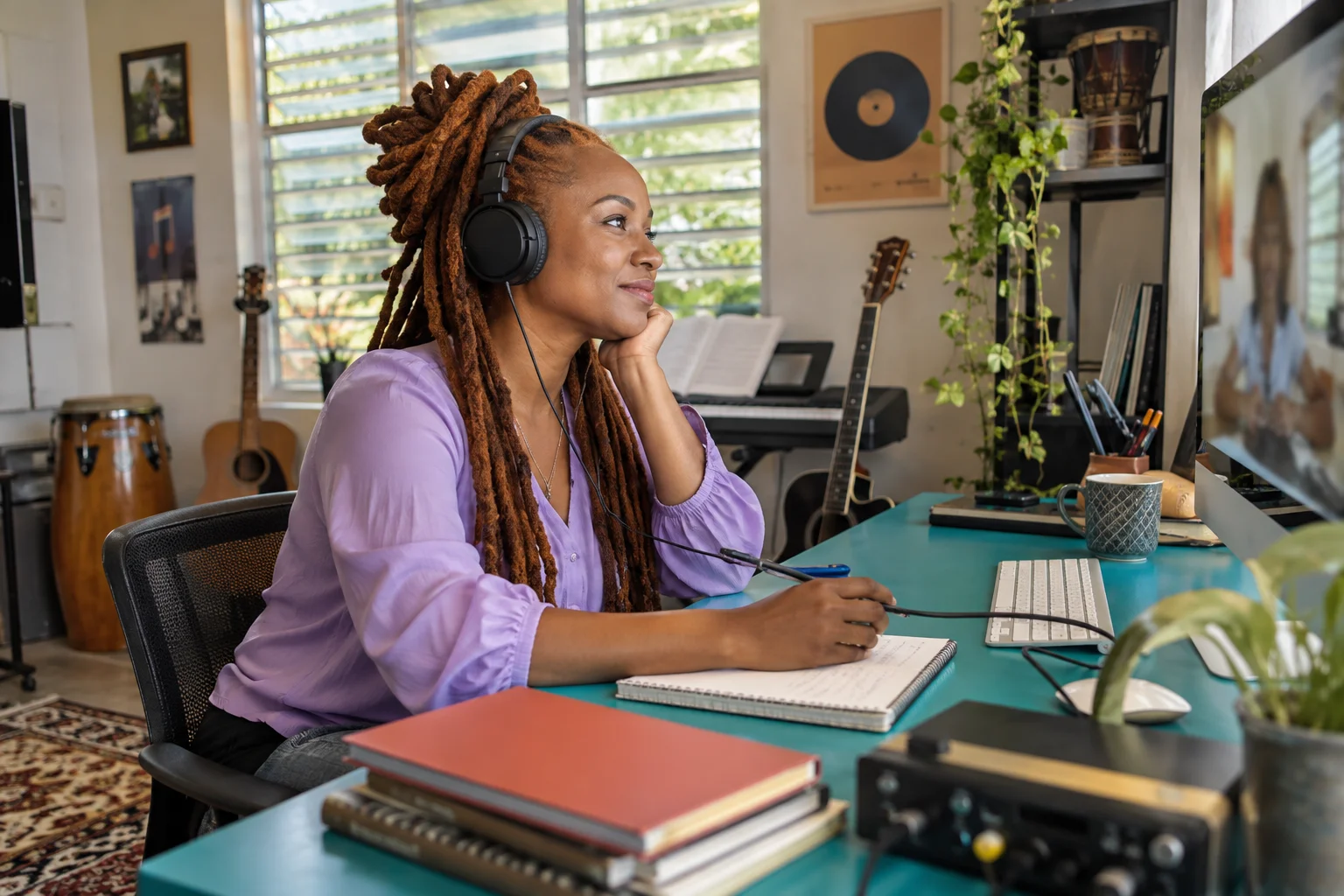 Teacher speaking through headphones at her music-room desk.