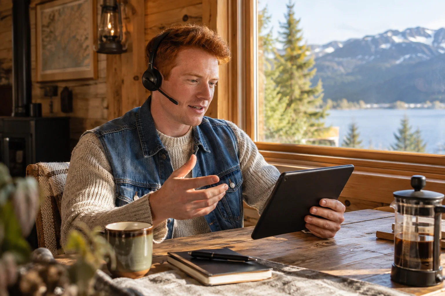 Professional having a headset conversation in a lakeside cabin.