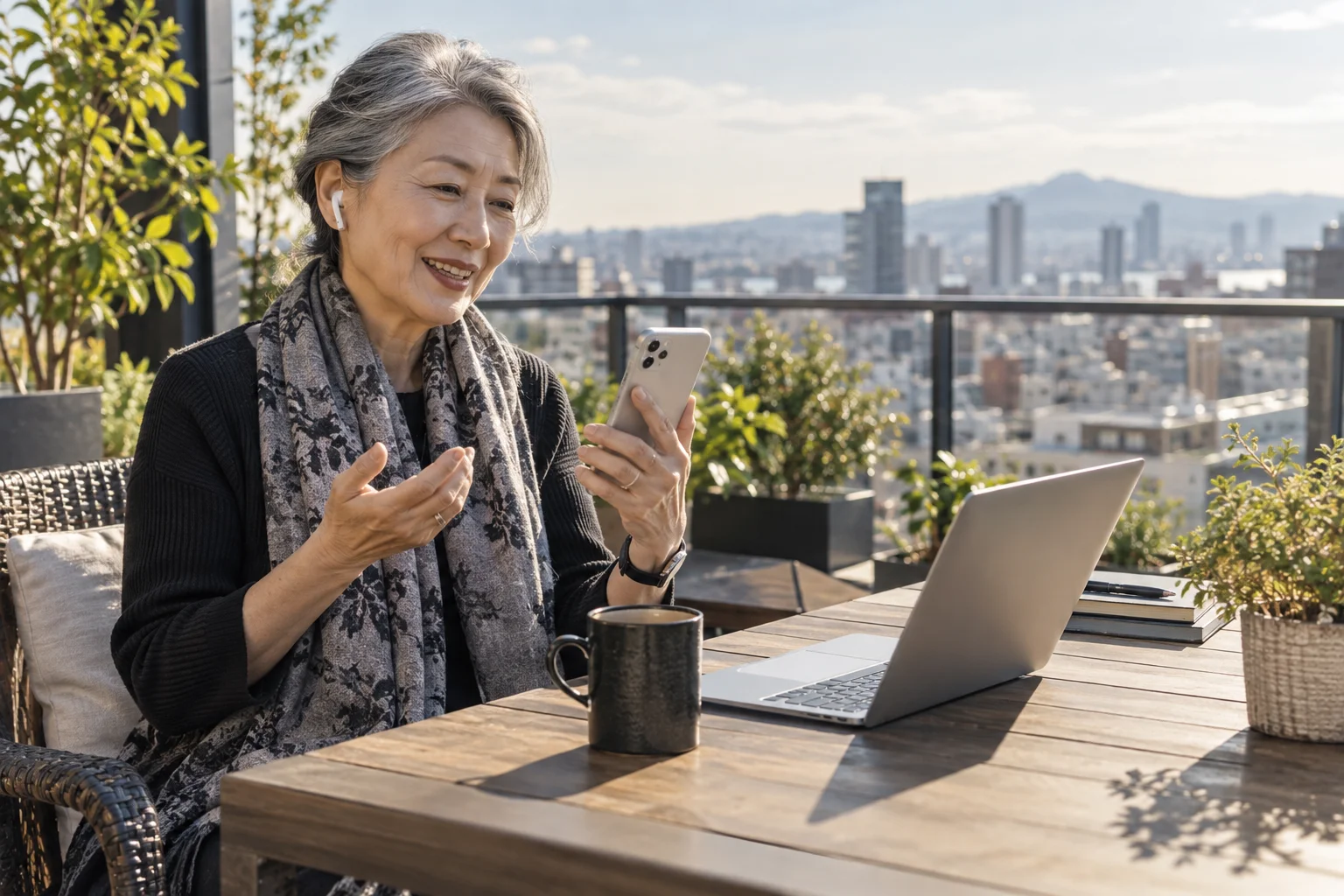 Woman speaking on her phone on a city terrace.